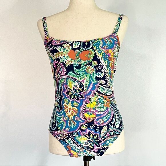 Lauren Ralph Lauren One Piece Paisley Swimsuit 10 Scoop Back Double Straps - Picture 1 of 10